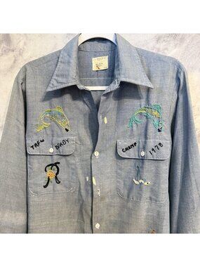 Vintage 70s Big Mac Hand Embroidered Button Up Shirt Mens Large Blue Fish Derby